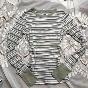 Y2K Fall Basic Chic Striped Rib Knit Long Sleeve Top Green M
